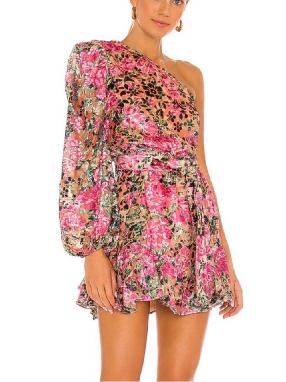 Hemant + Nandita kilim floral velvet 1 shoulder boho ruffle mini dress sz L